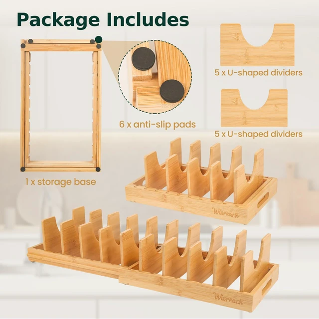 Alt view image 6 of 7 - Bamboo Pot Lid Organizer, Adjustable Kitchen Organizer for Cabinet, Expandable Pot and Pan Storage Rack, Kitchen Organization for Lids, Bakeware, and Cutting Boards