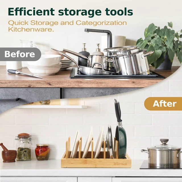 Alt view image 4 of 7 - Bamboo Pot Lid Organizer, Adjustable Kitchen Organizer for Cabinet, Expandable Pot and Pan Storage Rack, Kitchen Organization for Lids, Bakeware, and Cutting Boards