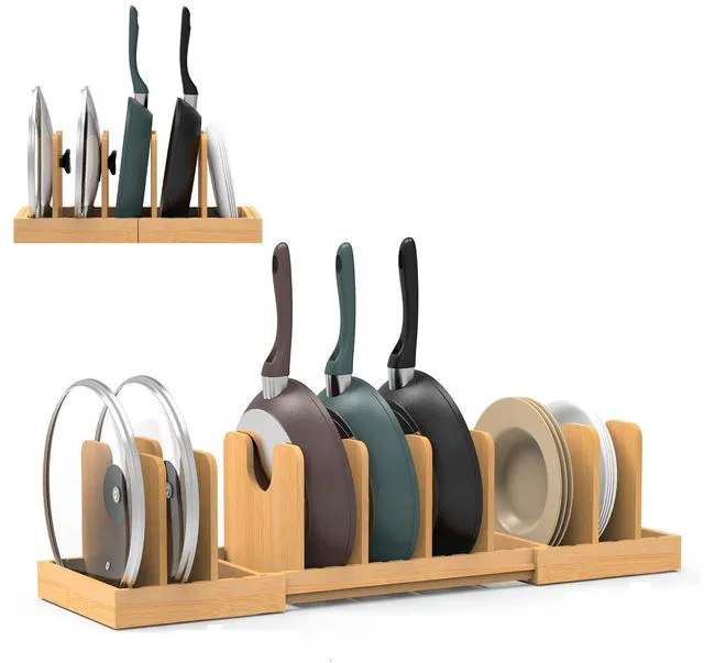 Main image of Pots and Pans Organizer Under Cabinet,Bamboo Pot Lid Organizer | Expandable Pan Organizer, Pot and Pan Organizer Rack for Kitchen Countertop or inside Cabinet