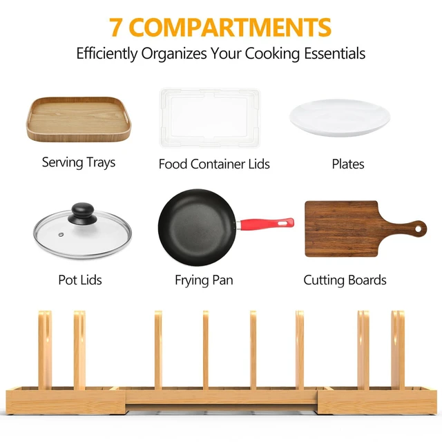 Alt view image 4 of 7 - Pots and Pans Organizer Under Cabinet,Bamboo Pot Lid Organizer | Expandable Pan Organizer, Pot and Pan Organizer Rack for Kitchen Countertop or inside Cabinet