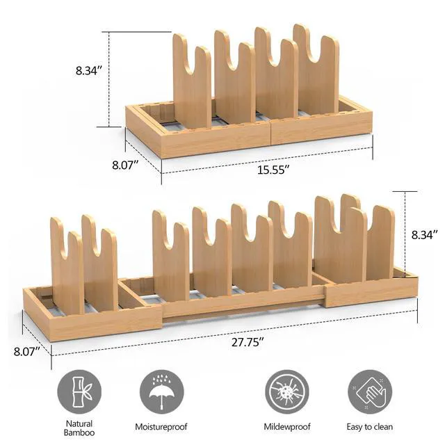 Alt view image 2 of 7 - Pots and Pans Organizer Under Cabinet,Bamboo Pot Lid Organizer | Expandable Pan Organizer, Pot and Pan Organizer Rack for Kitchen Countertop or inside Cabinet
