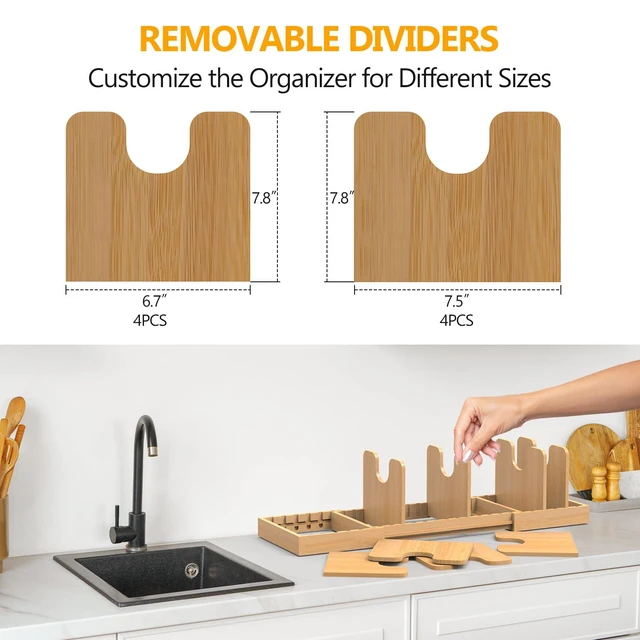 Alt view image 3 of 7 - Pots and Pans Organizer Under Cabinet,Bamboo Pot Lid Organizer | Expandable Pan Organizer, Pot and Pan Organizer Rack for Kitchen Countertop or inside Cabinet