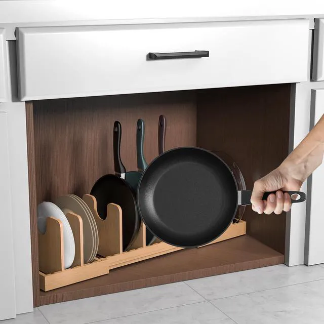 Alt view image 6 of 7 - Pots and Pans Organizer Under Cabinet,Bamboo Pot Lid Organizer | Expandable Pan Organizer, Pot and Pan Organizer Rack for Kitchen Countertop or inside Cabinet