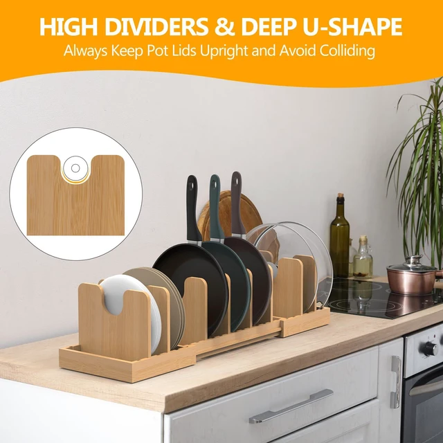 Alt view image 7 of 7 - Pots and Pans Organizer Under Cabinet,Bamboo Pot Lid Organizer | Expandable Pan Organizer, Pot and Pan Organizer Rack for Kitchen Countertop or inside Cabinet