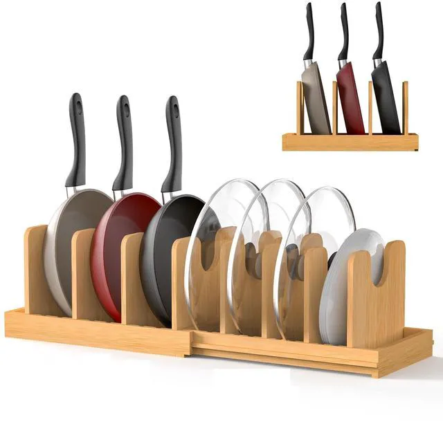 Main image of Pots and Pans Organizer under Cabinet,Pot and Pan Organizer,Lid Organizer | Expandable Bamboo Pan and Lid Organizer, 16" to 28" Adjustable Length and 10 Dividers