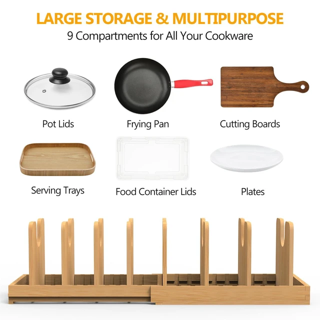 Alt view image 3 of 7 - Pots and Pans Organizer under Cabinet,Pot and Pan Organizer,Lid Organizer | Expandable Bamboo Pan and Lid Organizer, 16" to 28" Adjustable Length and 10 Dividers