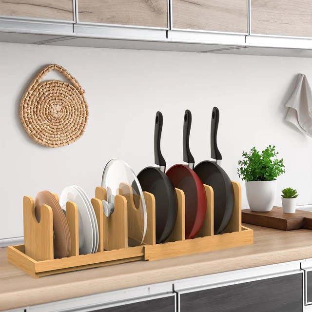 Alt view image 2 of 7 - Pots and Pans Organizer under Cabinet,Pot and Pan Organizer,Lid Organizer | Expandable Bamboo Pan and Lid Organizer, 16" to 28" Adjustable Length and 10 Dividers