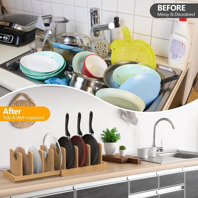 Alt view image 5 of 7 - Pots and Pans Organizer under Cabinet,Pot and Pan Organizer,Lid Organizer | Expandable Bamboo Pan and Lid Organizer, 16" to 28" Adjustable Length and 10 Dividers