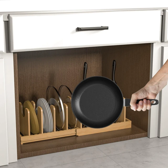 Alt view image 4 of 7 - Pots and Pans Organizer under Cabinet,Pot and Pan Organizer,Lid Organizer | Expandable Bamboo Pan and Lid Organizer, 16" to 28" Adjustable Length and 10 Dividers