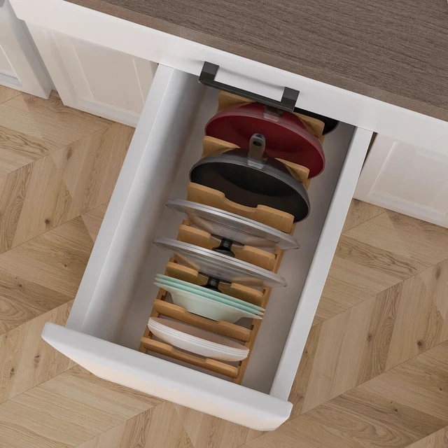 Alt view image 6 of 7 - Pots and Pans Organizer under Cabinet,Pot and Pan Organizer,Lid Organizer | Expandable Bamboo Pan and Lid Organizer, 16" to 28" Adjustable Length and 10 Dividers