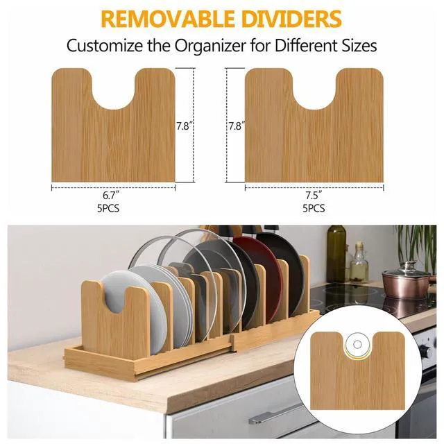 Alt view image 7 of 7 - Pots and Pans Organizer under Cabinet,Pot and Pan Organizer,Lid Organizer | Expandable Bamboo Pan and Lid Organizer, 16" to 28" Adjustable Length and 10 Dividers