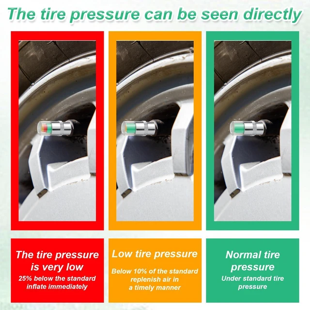 Alt view image 3 of 7 - 4 PCS Car Tire Pressure Monitor Valve Stem Caps, Tire Pressure Caps 2.4Bar 36PSI Air Cap for Tires with 3 Color Eye Alert Sensor Indicator for Cars, Trucks, Motorcycles, Bicycles