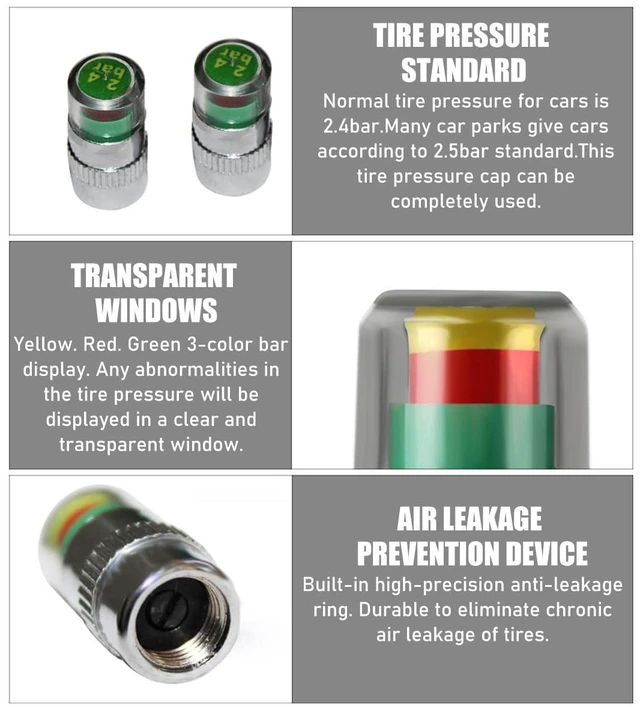 Alt view image 4 of 6 - 4 PCS Tire Pressure Monitor Valve Stem Caps, 2.4Bar 36PSI Car Tire Pressure Monitor Sensor Indicator with 3-Color Eye Alert, Universal Valve Stem Caps for Cars (Silver)