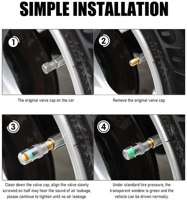 Alt view image 6 of 6 - 4 PCS Tire Pressure Monitor Valve Stem Caps, 2.4Bar 36PSI Car Tire Pressure Monitor Sensor Indicator with 3-Color Eye Alert, Universal Valve Stem Caps for Cars (Silver)