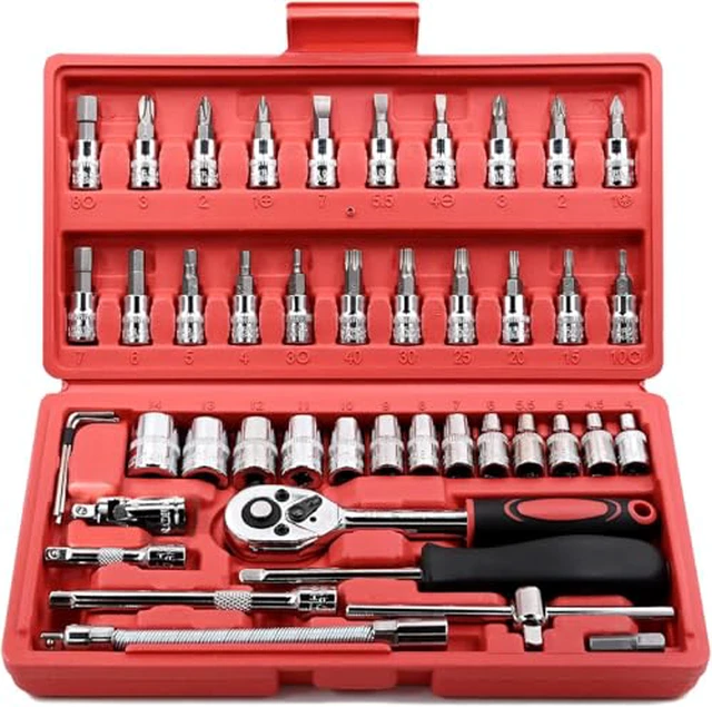 Alt view image 2 of 5 - 46 Pieces 1/4 inch Drive Socket Ratchet Wrench Set, with Bit Socket Set Metric and Extension Bar for Auto Repairing and Household, with Storage Case