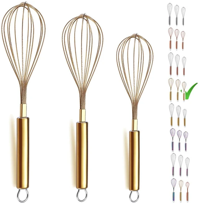 Main image of Whisk Pack of 3 Stainless Steel 8",10",12", Titianium Plating Whisks for Cooking, Beater,Wire Whisk Set Kitchen Wisk (Gold)