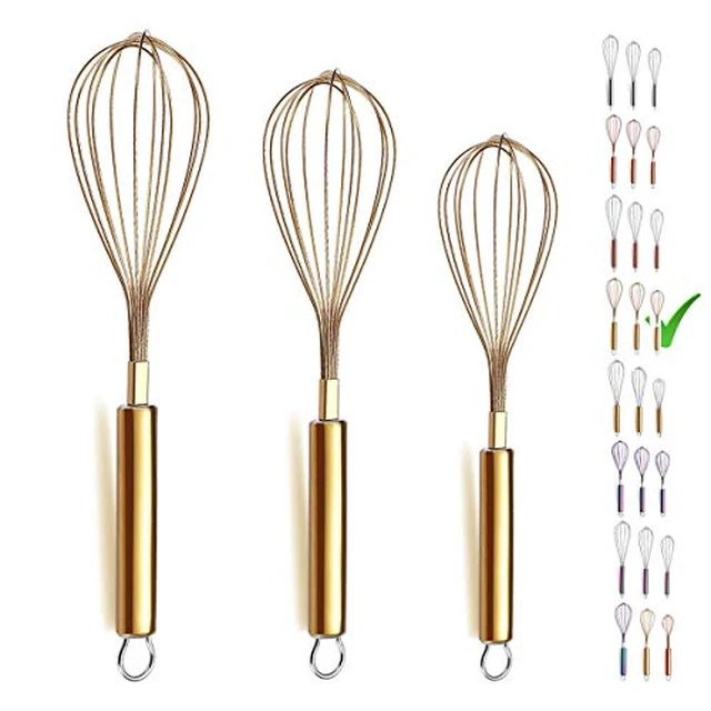 Alt view image 2 of 5 - Whisk Pack of 3 Stainless Steel 8",10",12", Titianium Plating Whisks for Cooking, Beater,Wire Whisk Set Kitchen Wisk (Gold)