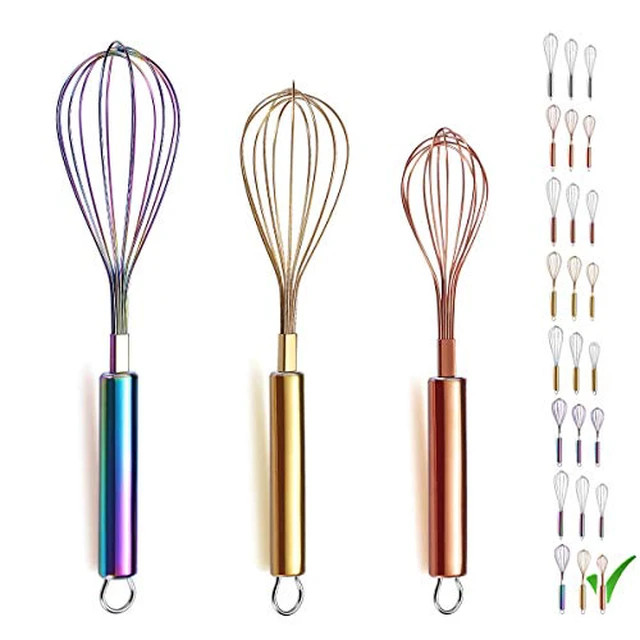 Alt view image 5 of 5 - Whisk Pack of 3 Stainless Steel 8",10",12", Titianium Plating Whisks for Cooking, Beater,Wire Whisk Set Kitchen Wisk (Gold)