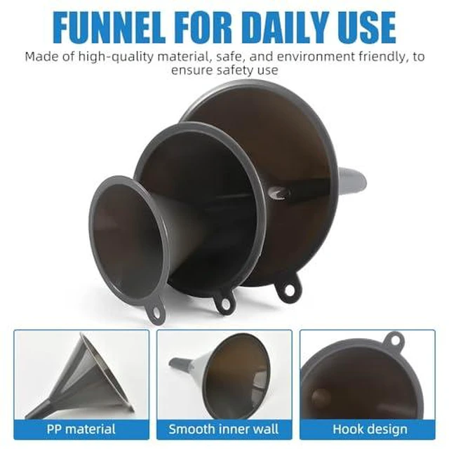 Alt view image 2 of 6 - Plastic Kitchen Funnel Set of 3, Round Kitchen Funnels for Filling Bottles, Durable and Multifunctional Funnels for Filling Canning, Cooking, Lab or Car Oil (Gray)