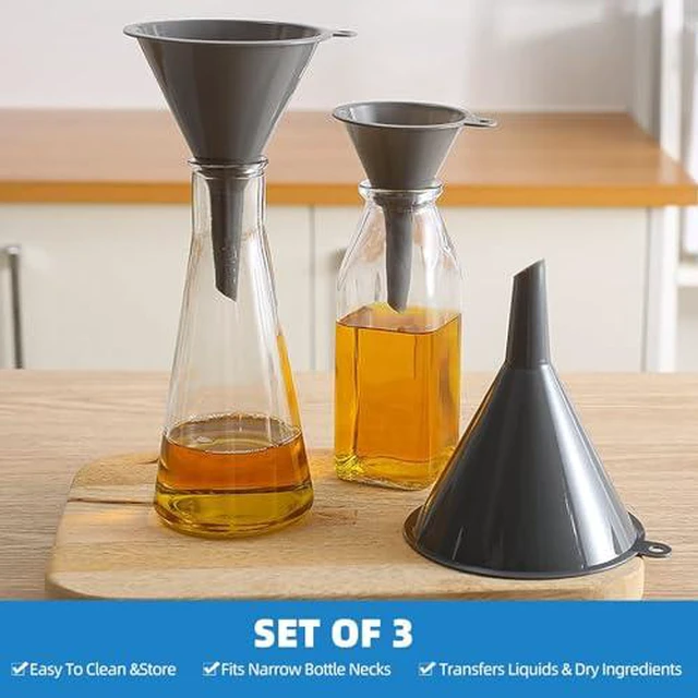 Alt view image 3 of 6 - Plastic Kitchen Funnel Set of 3, Round Kitchen Funnels for Filling Bottles, Durable and Multifunctional Funnels for Filling Canning, Cooking, Lab or Car Oil (Gray)