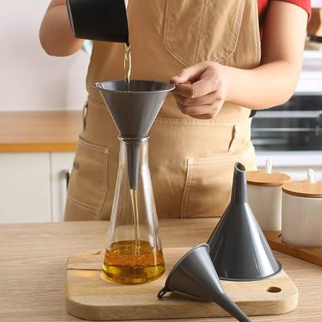 Alt view image 4 of 6 - Plastic Kitchen Funnel Set of 3, Round Kitchen Funnels for Filling Bottles, Durable and Multifunctional Funnels for Filling Canning, Cooking, Lab or Car Oil (Gray)
