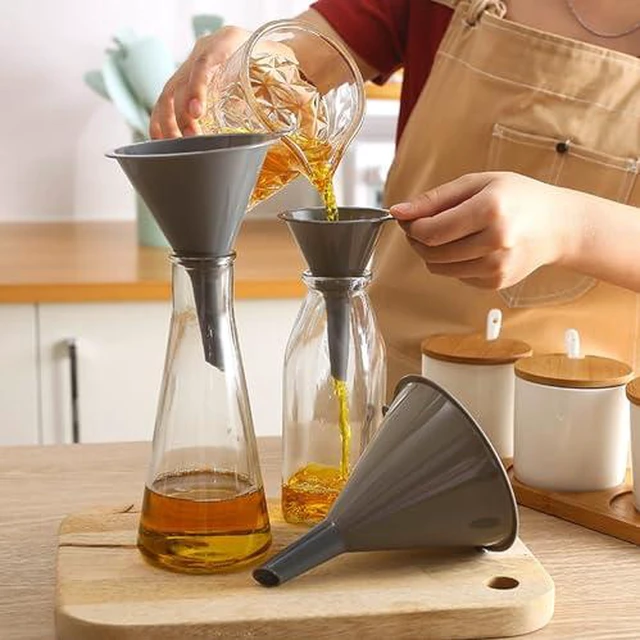 Alt view image 5 of 6 - Plastic Kitchen Funnel Set of 3, Round Kitchen Funnels for Filling Bottles, Durable and Multifunctional Funnels for Filling Canning, Cooking, Lab or Car Oil (Gray)