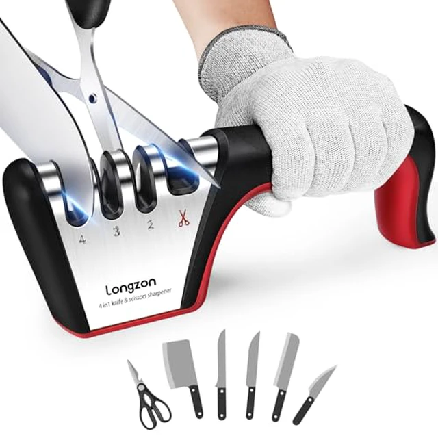Alt view image 2 of 6 - 5-in-1 Knife Sharpener 4 Stage with Cut-Resistant Glove, Quickly Sharpens & Restores Dull Blades, Easy & Safe for Home Manual Kitchen Use, Fits Most Knives and Scissors, Black+Silver