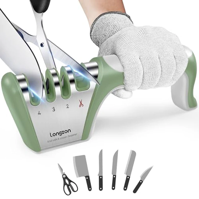Alt view image 3 of 6 - 5-in-1 Knife Sharpener 4 Stage with Cut-Resistant Glove, Quickly Sharpens & Restores Dull Blades, Easy & Safe for Home Manual Kitchen Use, Fits Most Knives and Scissors, Black+Silver