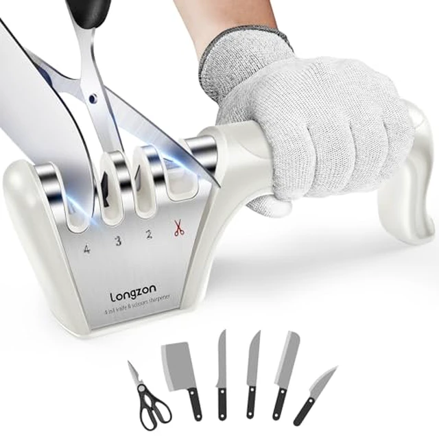 Alt view image 4 of 6 - 5-in-1 Knife Sharpener 4 Stage with Cut-Resistant Glove, Quickly Sharpens & Restores Dull Blades, Easy & Safe for Home Manual Kitchen Use, Fits Most Knives and Scissors, Black+Silver