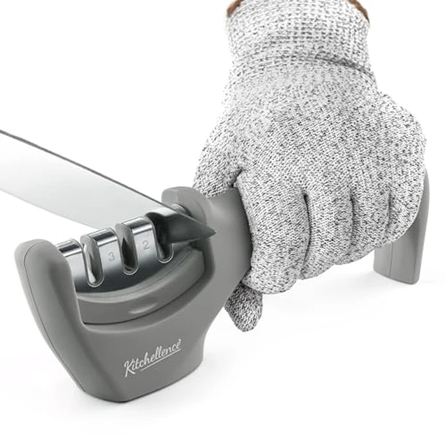 Alt view image 2 of 3 - 4-in-1 Kitchen Knife Accessories: 3-Stage Knife Sharpener Helps Repair, Restore, Polish Blades and Cut-Resistant Glove (Black)