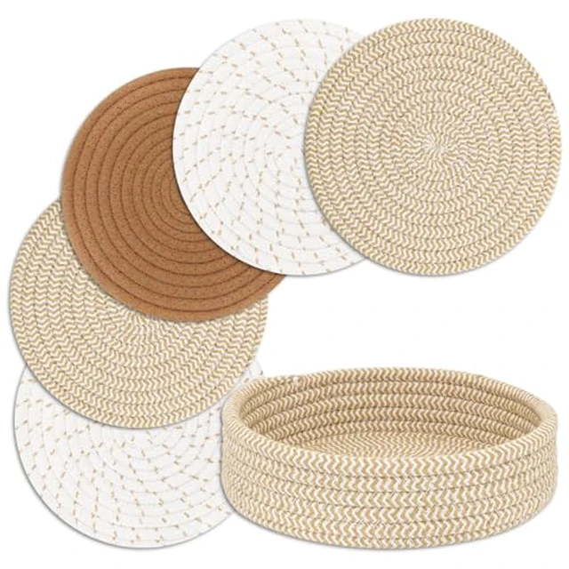 Alt view image 2 of 6 - Trivets for Hot Dishes, Pots and Pans, Hot Pads with Storage Basket, Pot Holders for Kitchen, Heat Resistant Mat Protect Counter Home Essentials, Farmhouse Decor (Mix Brown 5 PCS)