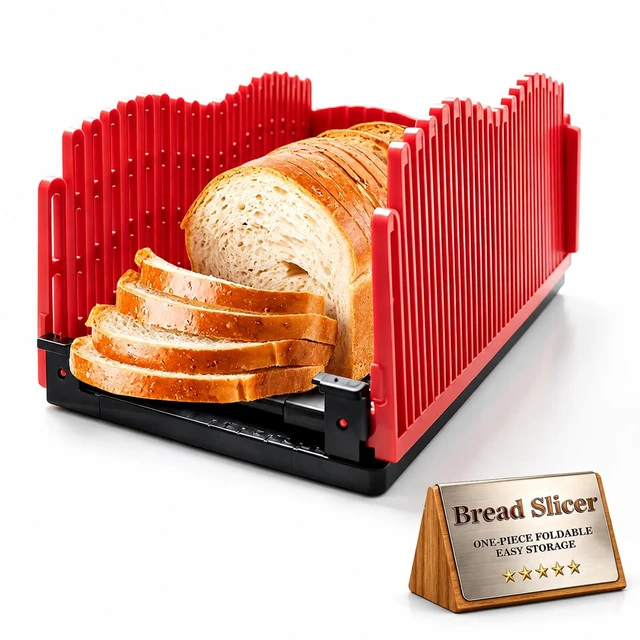Main image of Bread Slicer for Homemade Bread - Foldable Bread Cutter with Crumb Catcher Tray | Adjustable Bread Loaf Slicer with Non-Slip Base | Space-Saving Kitchen Tool for Sourdough, Bagels & Loaf Cakes