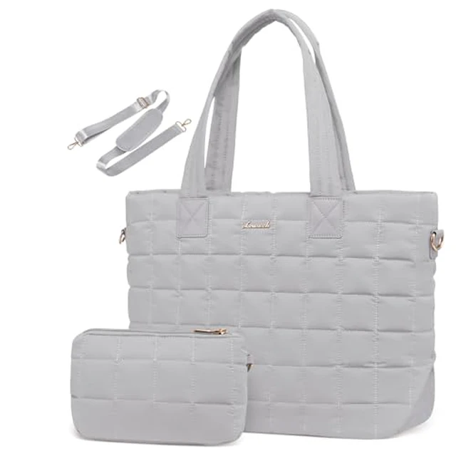 Alt view image 3 of 6 - Laptop Tote Bag for Women, 15.6 Inch Large Puffer Work Computer Tote Bags for Teacher Nurse, Quilted Women's Purse Tote Shoulder Handbags with Zipper for Travel College Office Gym, Beige