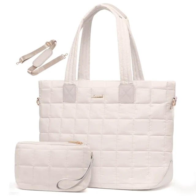 Alt view image 4 of 6 - Laptop Tote Bag for Women, 15.6 Inch Large Puffer Work Computer Tote Bags for Teacher Nurse, Quilted Women's Purse Tote Shoulder Handbags with Zipper for Travel College Office Gym, Beige