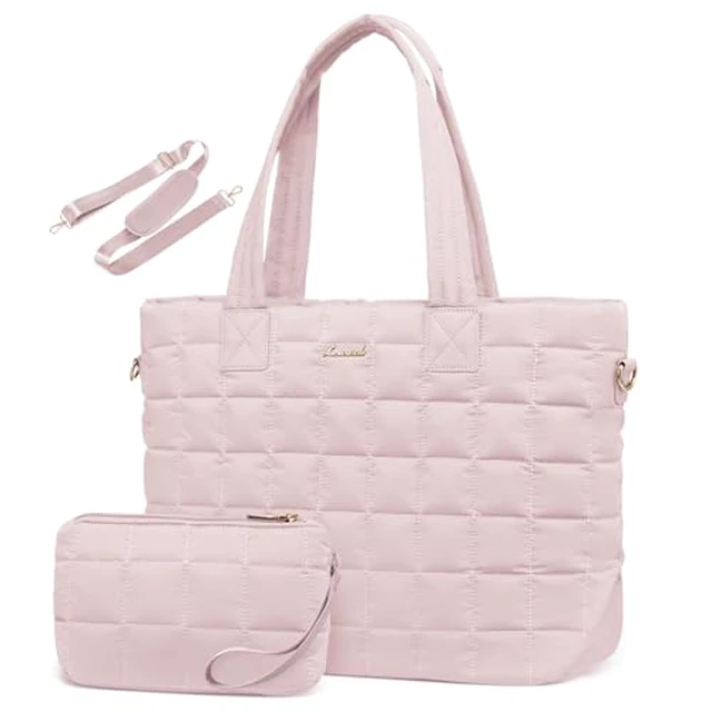 Alt view image 5 of 6 - Laptop Tote Bag for Women, 15.6 Inch Large Puffer Work Computer Tote Bags for Teacher Nurse, Quilted Women's Purse Tote Shoulder Handbags with Zipper for Travel College Office Gym, Beige