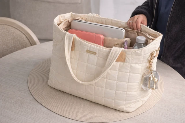 Alt view image 6 of 6 - Laptop Tote Bag for Women, 15.6 Inch Large Puffer Work Computer Tote Bags for Teacher Nurse, Quilted Women's Purse Tote Shoulder Handbags with Zipper for Travel College Office Gym, Beige