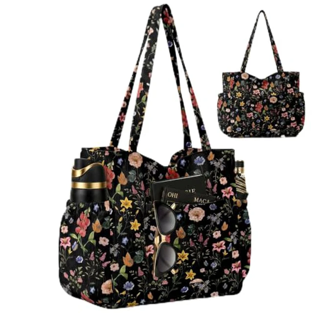 Alt view image 4 of 7 - Corduroy Tote Bag for Women,Large Capacity Cute Tote Bags With 6 Pockets,Crossbody Shoulder Handbag for Work Travel Gym