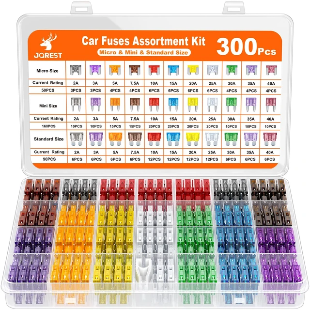 Main image of 300Pcs Car Fuse Assortment Kit, 160 Mini Blade Fuses Automotive + 90 Standard Auto Fuses + 50 Micro + Puller Replacement for RV Camper Boat Truck (2Amp 3A 5A 7.5A 10A 15A 20A 25A 30A 35A 40A)