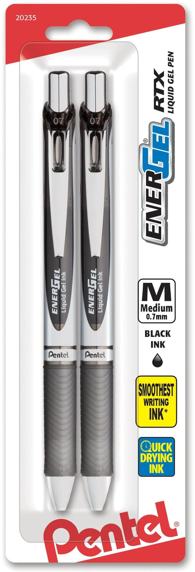 Main image of Pentel EnerGel RTX Retractable Liquid Gel Pen, 0.7mm, Medium Line, Metal Tip, Black Ink, Pack of 2, BL77BP2A