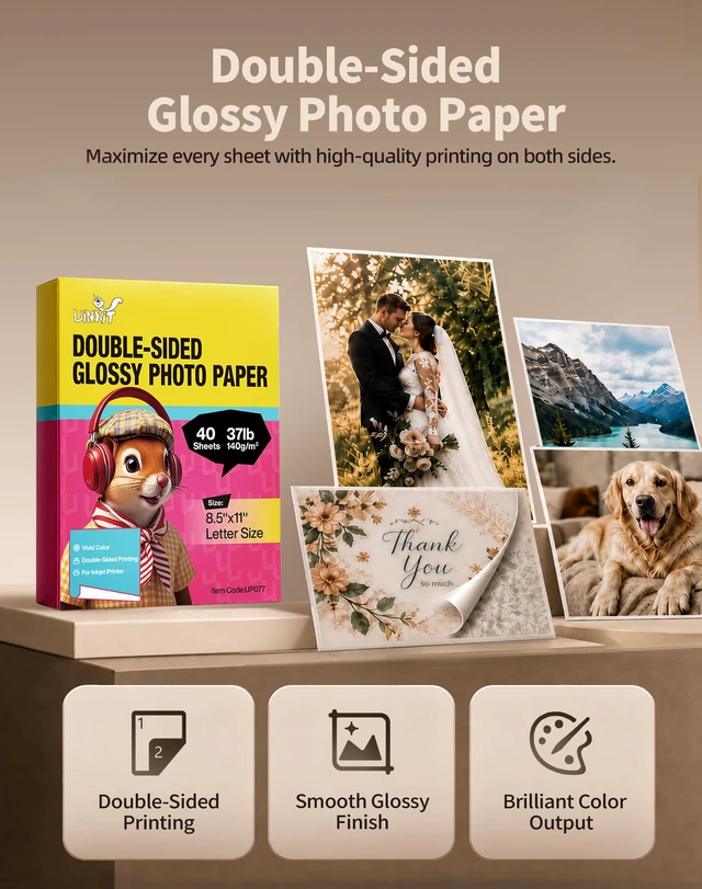 Alt view image 7 of 7 - Uinkit Photo Paper Glossy Double Sided 8.5x11 Inkjet 37lb 140gsm Dye Ink Photo Picture Flyer Calendar Magazine CD Cover Letter (40 Sheets)