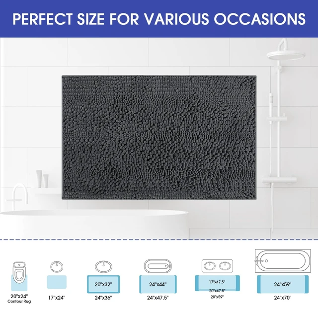 Alt view image 3 of 6 - ACCUMTEK Striped Chenille Bathroom Rug Mat, 32"x20", Ultra Soft, Non-Slip, Absorbent, Plush Shaggy, Deep Grey