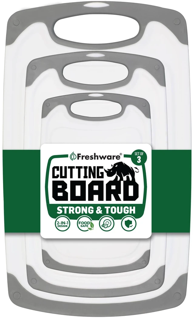 Main image of Freshware Cutting Boards 3-Pack, Different Sizes, Juice Grooves, Non-Slip Handles, Reversible, Large, Dishwasher Safe, Gray
