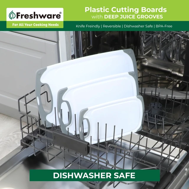 Alt view image 4 of 6 - Freshware Cutting Boards 3-Pack, Different Sizes, Juice Grooves, Non-Slip Handles, Reversible, Large, Dishwasher Safe, Gray