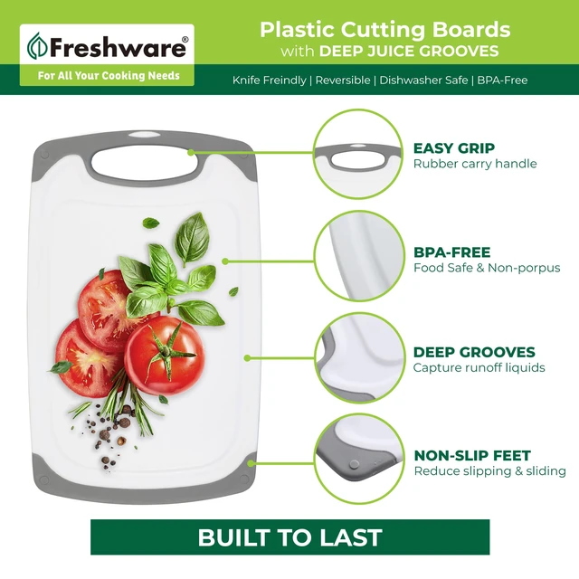 Alt view image 6 of 6 - Freshware Cutting Boards 3-Pack, Different Sizes, Juice Grooves, Non-Slip Handles, Reversible, Large, Dishwasher Safe, Gray