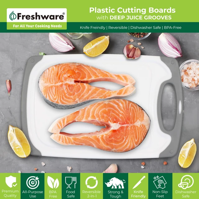 Alt view image 5 of 6 - Freshware Cutting Boards 3-Pack, Different Sizes, Juice Grooves, Non-Slip Handles, Reversible, Large, Dishwasher Safe, Gray