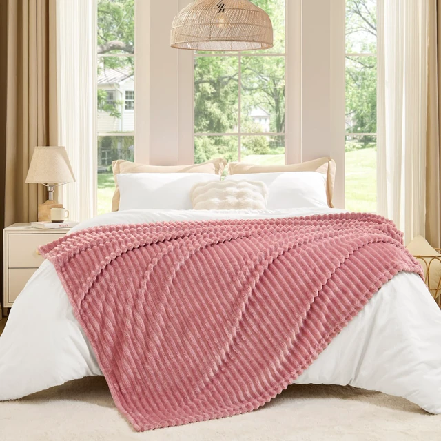 Alt view image 5 of 6 - Bedelite 3D Ribbed Jacquard Pink Fleece Throw Blanket 50x60Inch