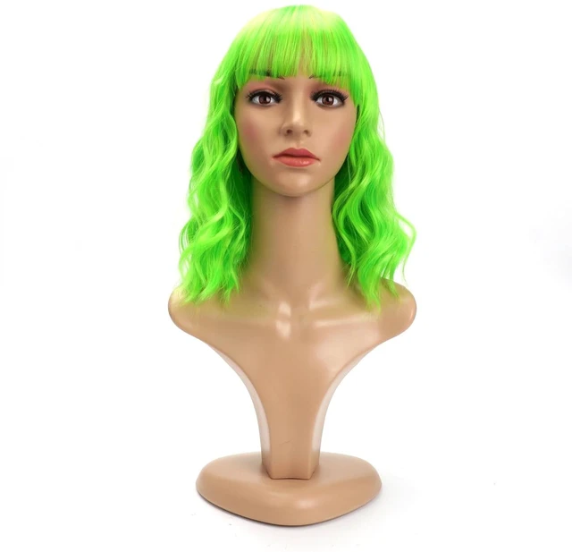 Main image of Synthetic Bob Wig with Bangs for Women - Short Curly, Neon Green