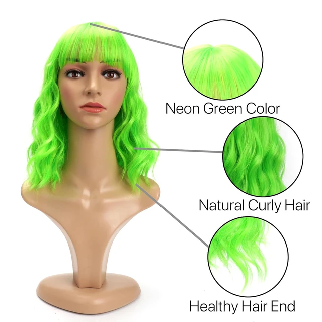 Alt view image 4 of 4 - Synthetic Bob Wig with Bangs for Women - Short Curly, Neon Green