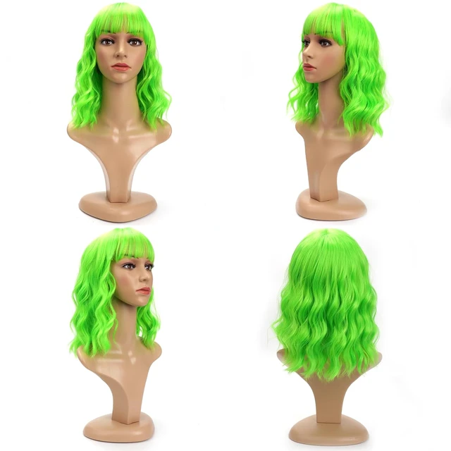 Alt view image 2 of 4 - Synthetic Bob Wig with Bangs for Women - Short Curly, Neon Green