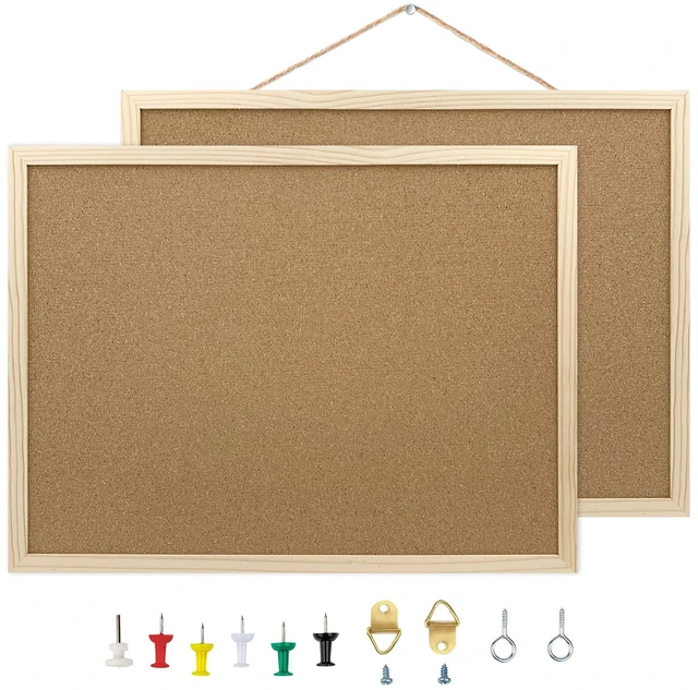 Main image of 2 Pack Cork Board Bulletin Board, 15.7" x 11.81" with Oak Wood Finish Frame, for Wall Office Home School, Includes Pins, Eye Bolts, Gaskets, Screws